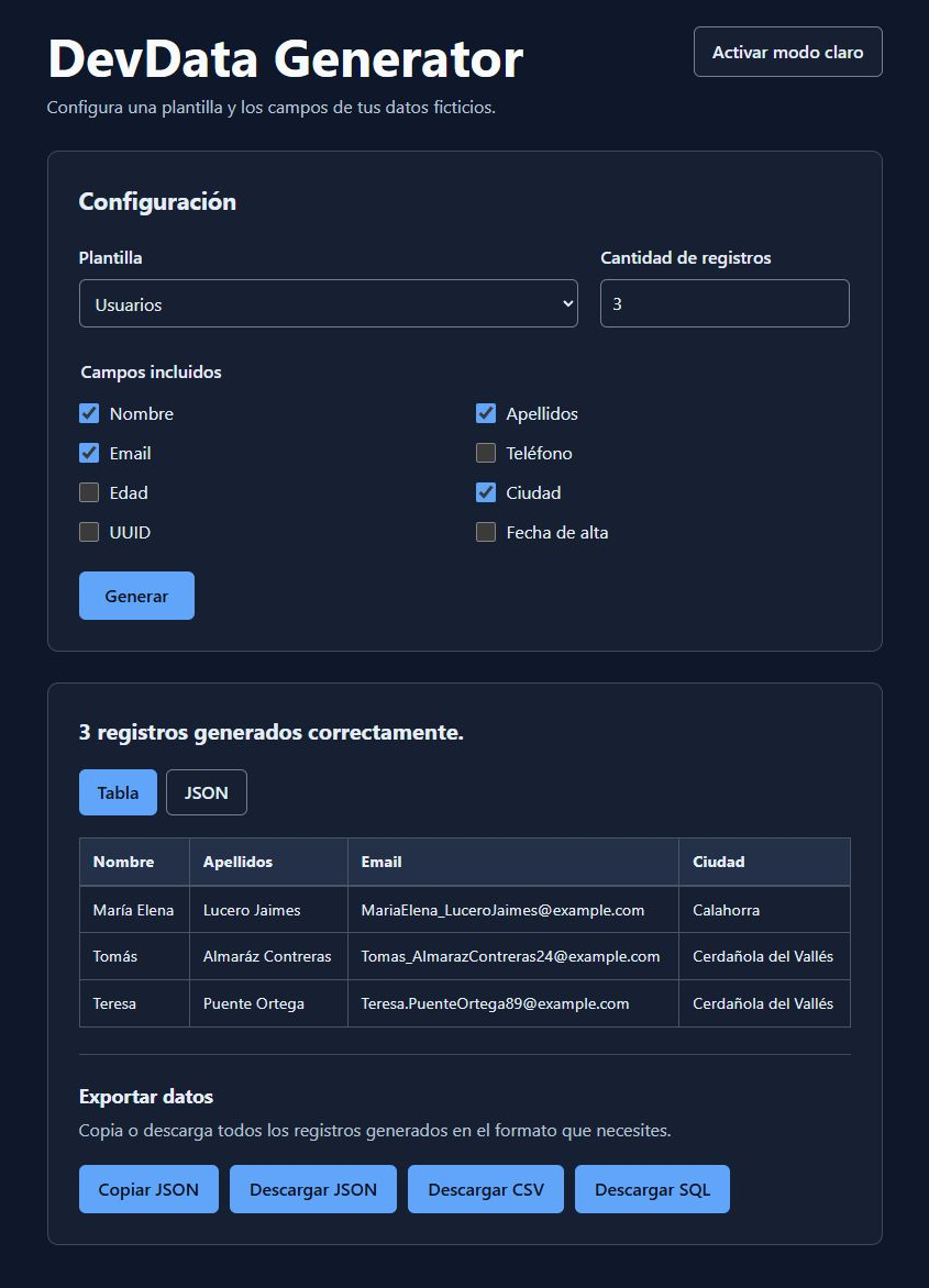 DevData Generator configured with the Users template and three generated records shown in a table.